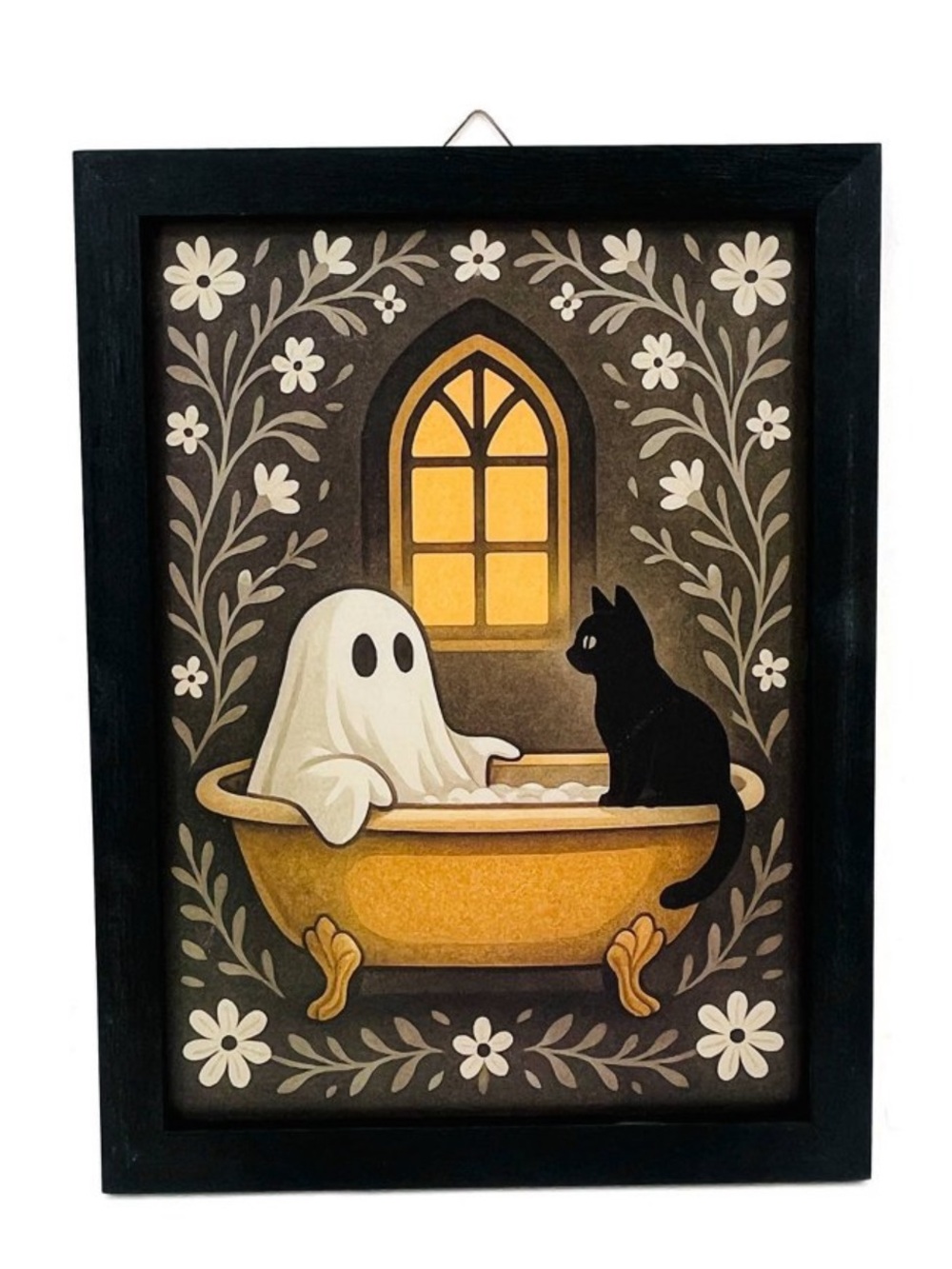 New! Framed Halloween Ghost and Black Cat Bathtub Wall Art - Black Frame